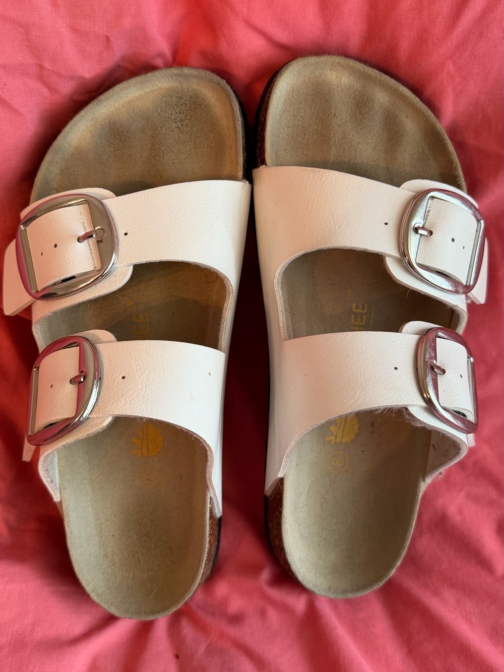 White Double-Big Buckle Slide Sandals suede cushion foot bottom.